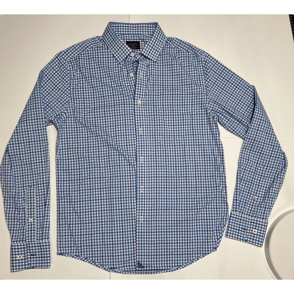 Untuckit Button Dress Shirt Mens Medium Slim Fit Blue Plaid Long Sleeve